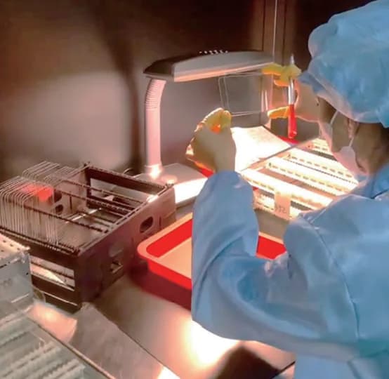 Operator inspecting screen protectors under task lighting